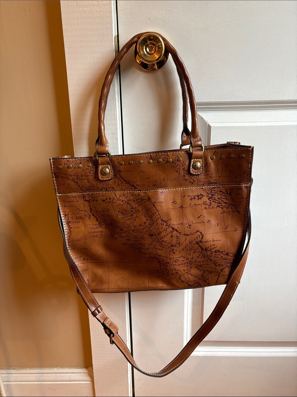 Patricia Nash Brown Map-Print Shoulder Tote